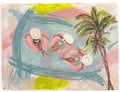 Artistic depiction of three people on pink inflatable rings with palm trees and abstract shapes.