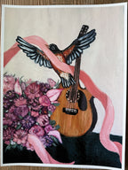 A rectangular art print  featuring a bird with spread wings perched on a wooden guitar, wrapped in a pink ribbon, with a bouquet of pink and purple flowers at the lower left, shown against a light background.
