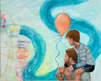 Painting of a child sitting on his dad's shoulders, holding a balloon against a colorful, abstract background.