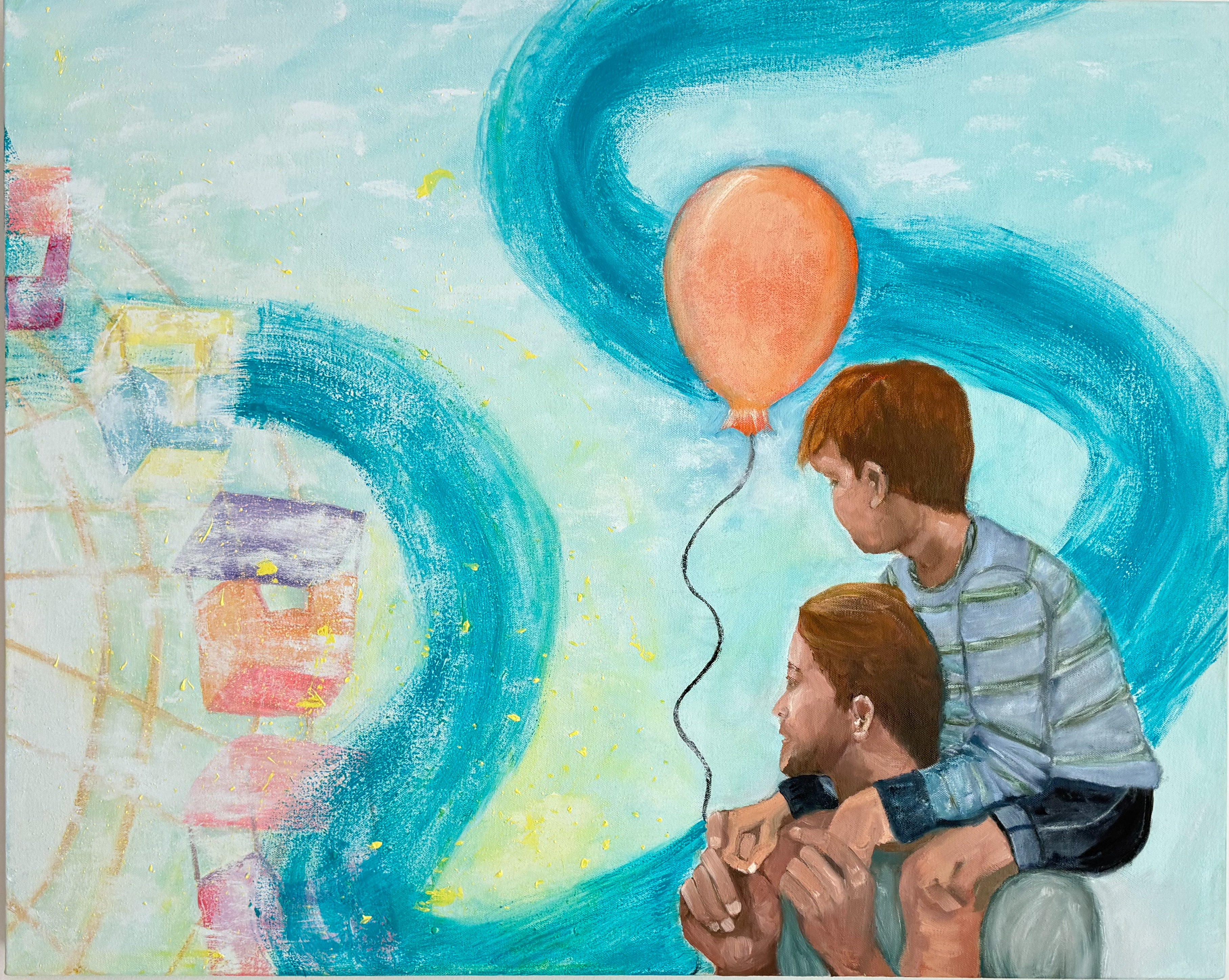 Painting of a child sitting on his dad's shoulders, holding a balloon against a colorful, abstract background.