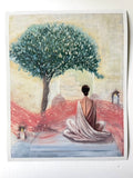 An art print or painting depicting a woman in a light gress sitting cross-legged on a platform, facing a large olive tree, with a soft pink field and a pale sky background.