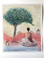 An art print or painting depicting a woman in a light gress sitting cross-legged on a platform, facing a large olive tree, with a soft pink field and a pale sky background.