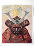 A Japanese-style art print depicting a samurai warrior in detailed red and copper armor with a horned helmet, set against a soft pink and gold background.