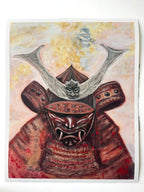 A Japanese-style art print depicting a samurai warrior in detailed red and copper armor with a horned helmet, set against a soft pink and gold background.