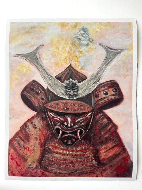 A Japanese-style art print depicting a samurai warrior in detailed red and copper armor with a horned helmet, set against a soft pink and gold background.