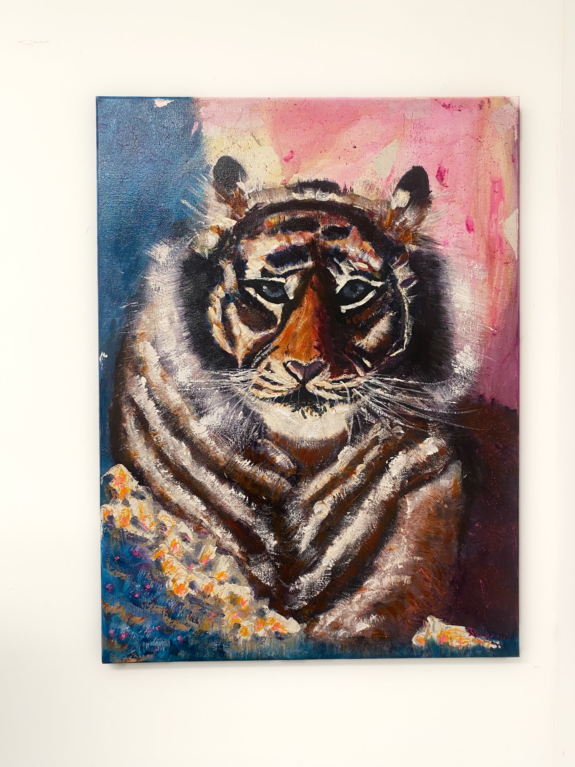 Oil painting of a tiger with a colorful abstract background