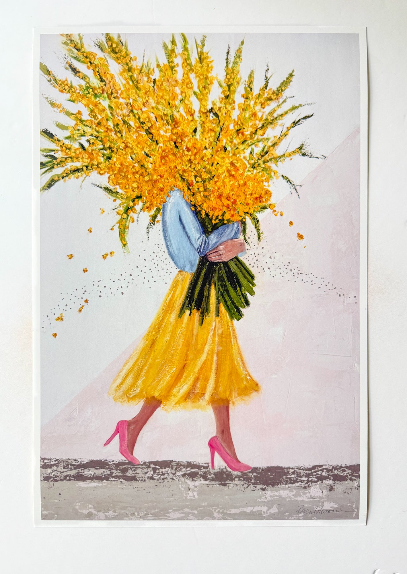 A vertical art print depicting a woman  carrying a massive bouquet of yellow flowers on her back, wearing a blue top, a yellow skirt, and bright pink high heels, shown against a light background.